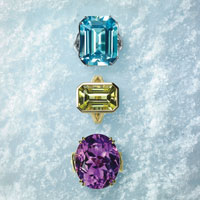 Blue topaz and 18-karat white gold ring, $4,450; lemon quartz and 18-karat yellow gold ring, $3,250; amethyst and 18-karat yellow gold ring, $3,150. (But for you: half off.) // Photography by Jonathon Pushnik