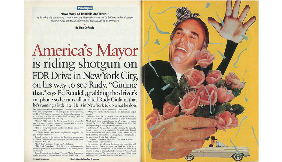 The opening spread of “How Many Ed Rendells Are There?,” from the April 1994 issue of Philadelphia magazine.
