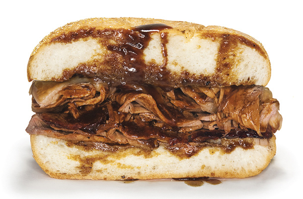 Bread: Amoroso's kaiser roll.  Innards: Tender and flavorful roast beef from the flat and round parts of the steer.  Sandwich secret: Order an "overpoured combo with outs," which means extra gravy, cheese, and the crispies – crunchy burnt bits on the outside of the roast.  Nick's Roast Beef, 2149 South 20th Street, 215-463-4114