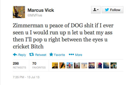 MarcusVick1-web Zimmerman u peace of DOG shit if I ever seen u I would run up n let u beat my ass then I’ll pop I right between the eyes u cricket Bitch