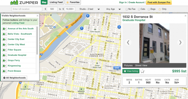 Screenshot of Zumper's interface
