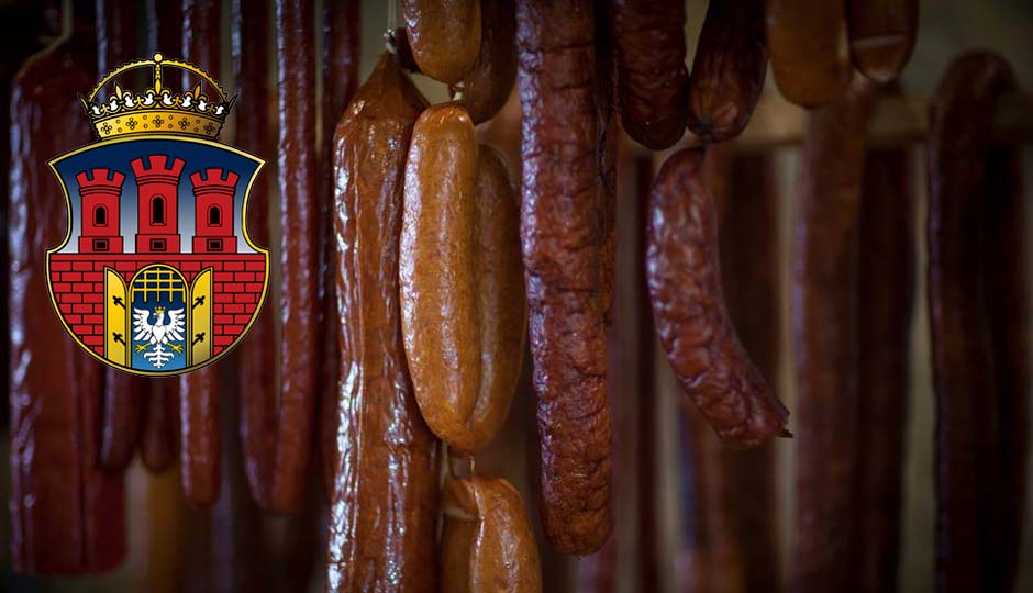 Kielbasa hanging in the Royal Cracovia smoker.