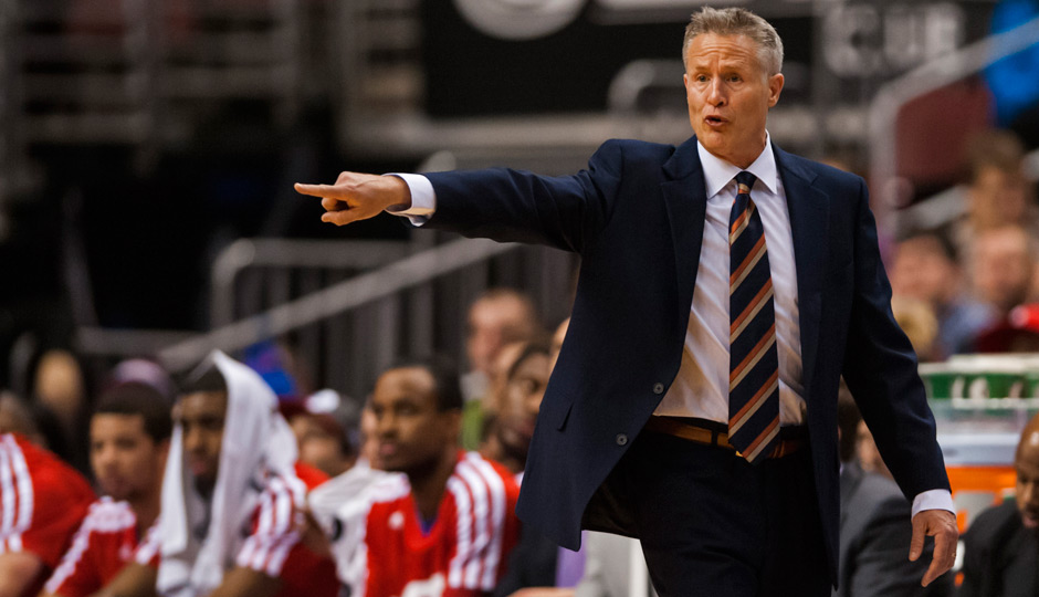 Jan 6, 2014; Philadelphia, PA, USA; Philadelphia 76ers head coach Brett Brown during the first quarter against the Minnesota Timberwolves at the Wells Fargo Center. The Timberwolves defeated the Sixers 126-95. Mandatory Credit: Howard Smith-USA TODAY Sports