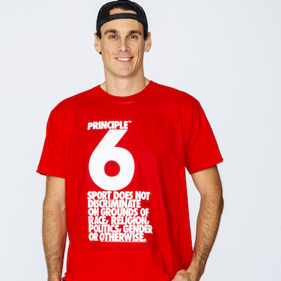 Former NFLer Chris Kluwe wearing an American Apparel tee to encourage diversity in sports just before the Sochi Olympics.