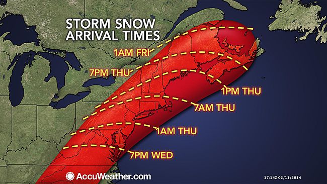 Storm Snow arrival times via  accuweather.com