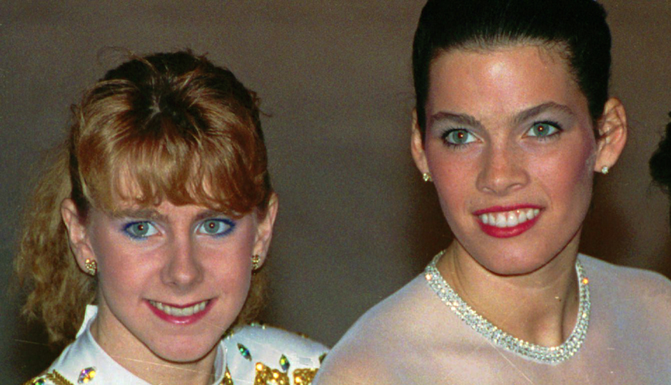 Tonya Harding, left, and Nancy Kerrigan at the 1992 U.S. Figure Skating Championships in Orlando, Fla., on Jan. 12, 1992.