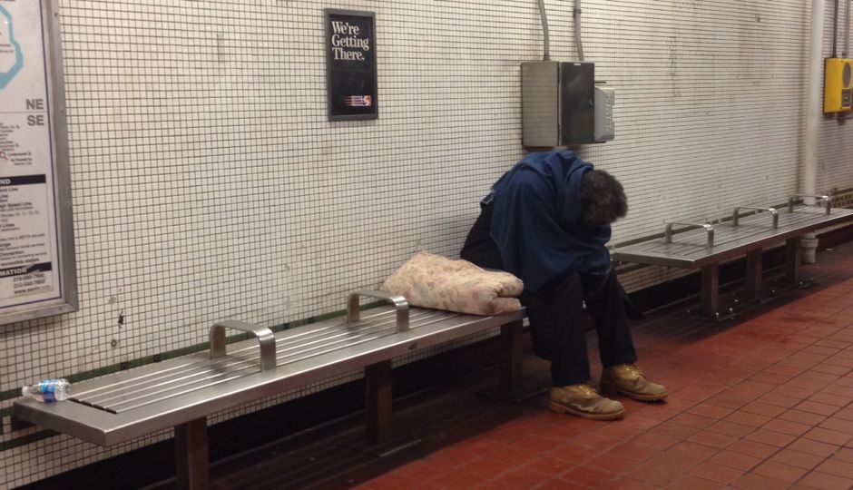 homeless man in septa station