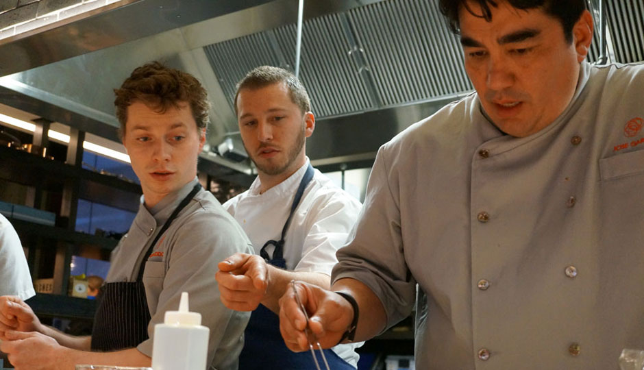 Kyle Baddorf, Josh Massaro and Jose Garces testing recipes.