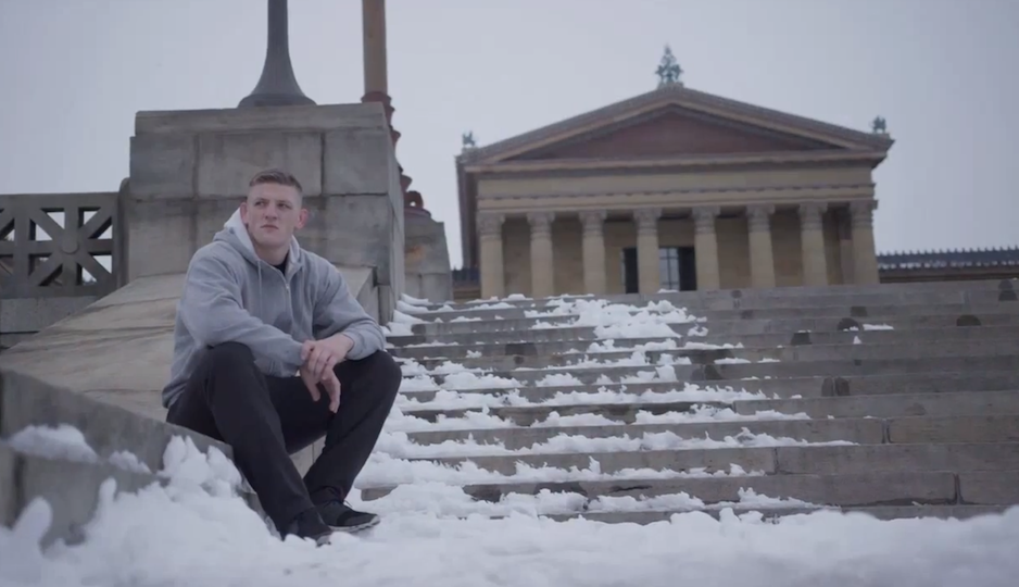 Berzin poses on the steps of the Philadelphia Art Museum