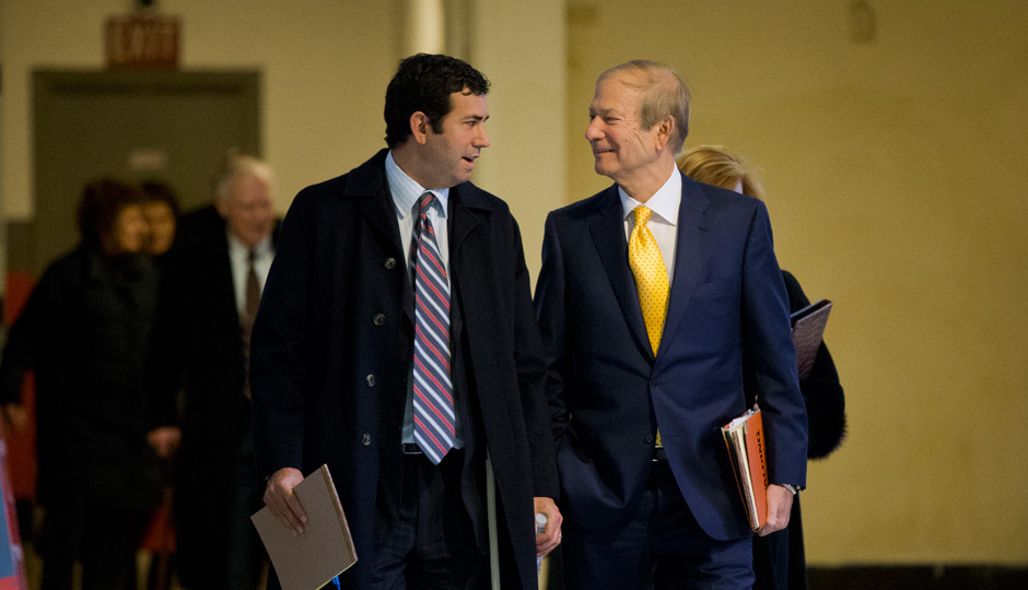 Drew Katz (left) and his father, Lewis Katz, walk to Judge Patricia McInerney's courtroom, Wednesday, Nov. 13, 2013, at City Hall in Philadelphia. (AP Photo/Matt Rourke)