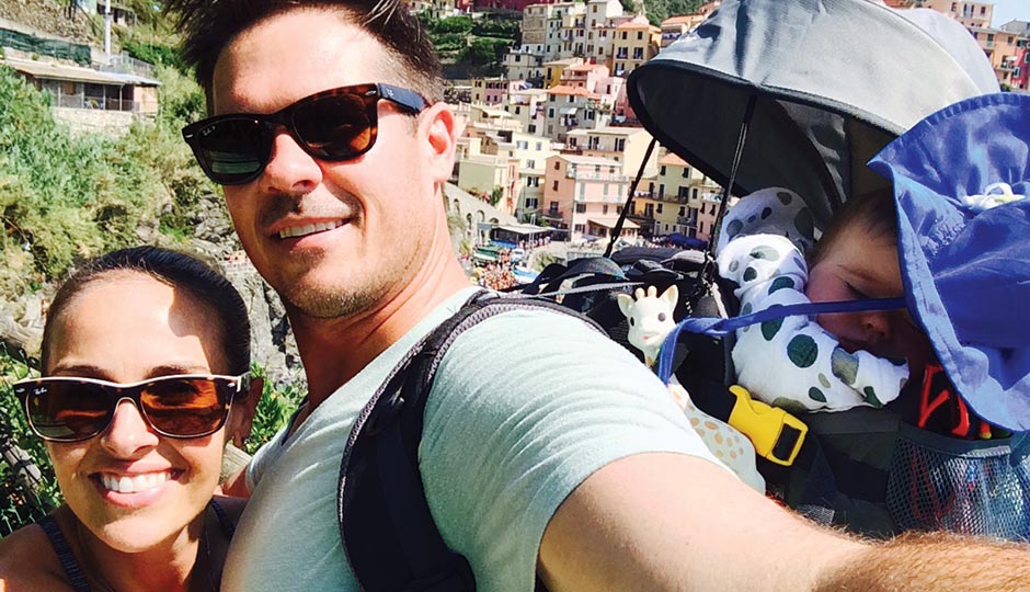 Heather Mitts and A.J. Feeley with their son Connor on the Italian Riviera, August 20, 2014.