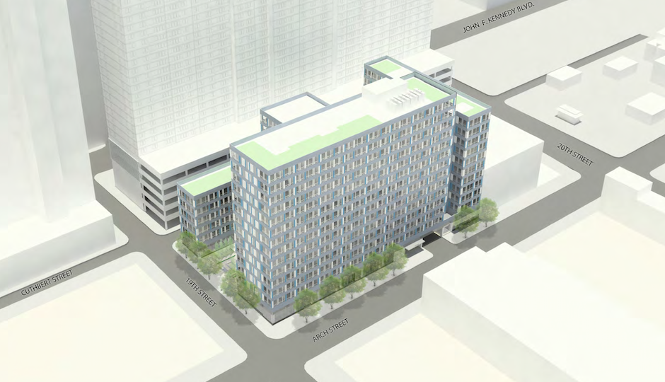 A rendering of the proposed expansion of 1900 Arch Street. The expansion is the slim mass at the back, running parallel to 20th Street.