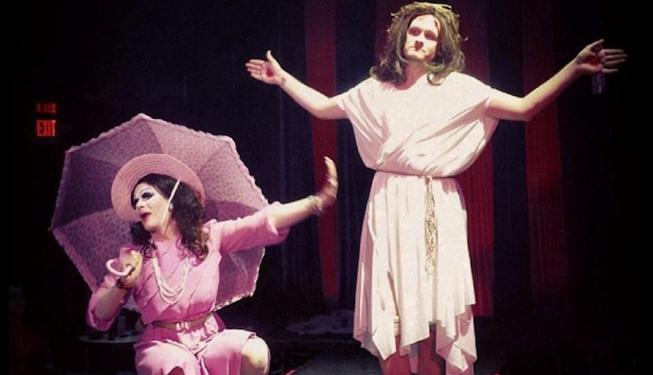 GASP: Bev (left) dances with a crucified Jesus.