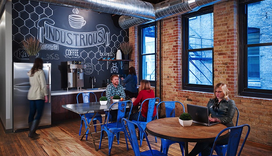 Break room in Industrious Chicago's co-working space. Photo credit: Horn Design.