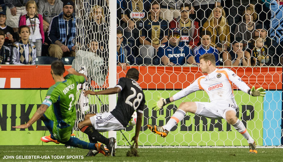 eattle Sounders FC forward Clint Dempsey (2) shoots and scores in during overtime in the U.S. Open Cup final against the Philadelphia Union at PPL Park.
