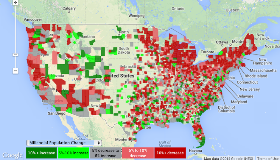 RealtyTrac heatmap showing where the largest shift in millennial population is occuring.