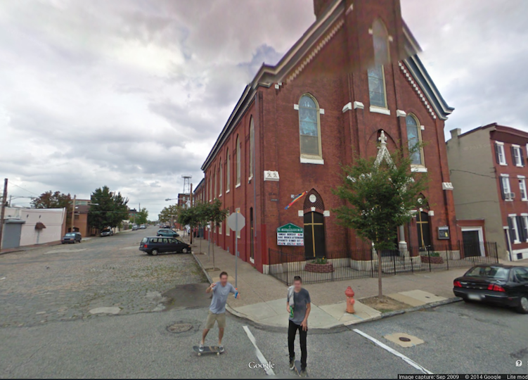 A 2009 Google Street View image shows skater hooligans perpetrating their monkeyshines at the corner of Trenton Avenue and Cumberland. These days they're probably building kinetic sculptures.