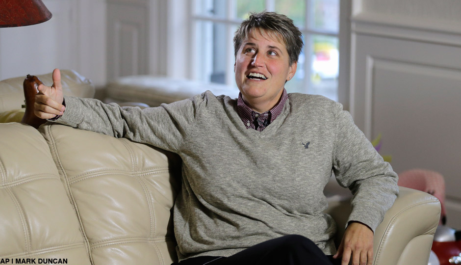 Jennifer Cramblett is interviewed at her attorney's home in Waite Hill, Ohio, Wednesday, Oct. 1, 2014. Cramblett has sued a Chicago-area sperm bank after she became pregnant with sperm donated by a black man instead of a white man as she'd intended.