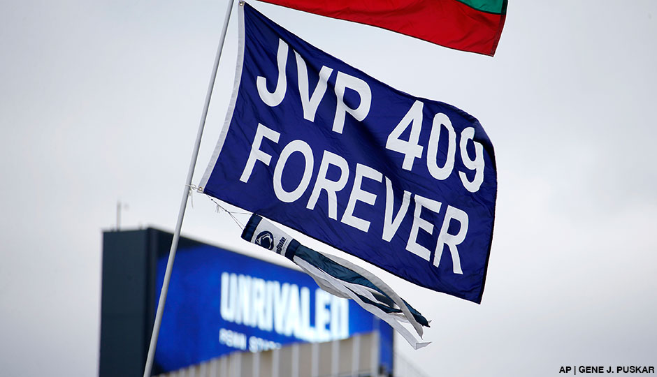 A banner in the parking lot tailgating outside Beaver Stadium before football game between Penn State and Temple in State College on Saturday., November 15, 2014. 