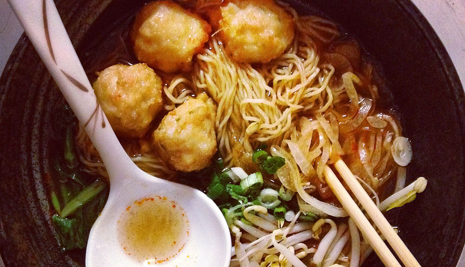 Cheu's new noodles: Spicy Shrimp Broth - egg noodle, shrimp balls, onion