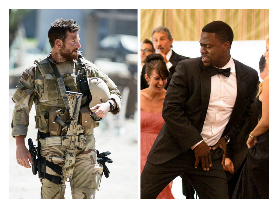Bradley Cooper in American Sniper and Kevin Hart in The Wedding Ringer, both opening nationwide this weekend.
