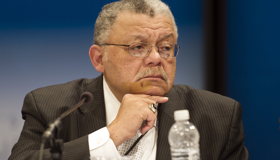 Philadelphia Police Commissioner Charles Ramsey, co-chair,  the President's Task Force on 21 Century Policing, listens to witnesses at the Newseum in Washington, Tuesday, Jan. 13, 2015. (AP Photo/Cliff Owen)
