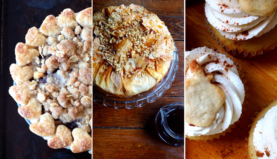 Treats from Crust Vegan Bakery; left to right: mixed berry pie with crumb topping, baklava cheesecake, and apple pie cupcakes.