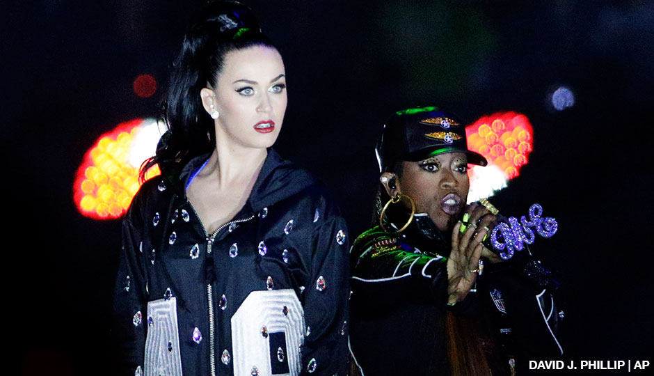 Singers Katy Perry, left and Missy Elliott perform during halftime of NFL Super Bowl XLIX between the Seattle Seahawks and the New England Patriots Sunday, Feb. 1, 2015, in Glendale, Ariz.