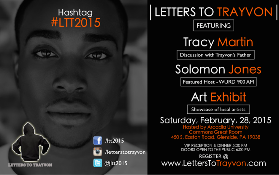 A flyer for "Letters to Trayvon" at Arcadia University.