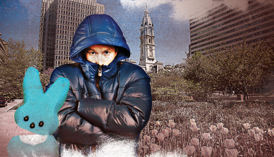 Photo illustration | Alyse Moyer. Photos | background, M. Fischetti for Visit Philadelphia; Peep, PhotosJC / Shutterstock.com, person in jacket, leedsn/ Shutterstock.com