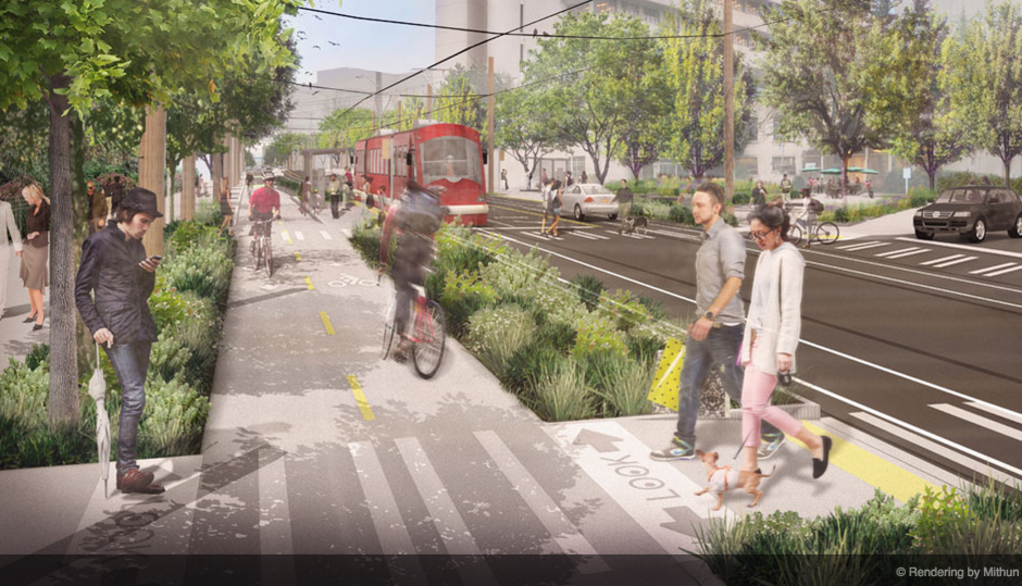 Shared streets, like this proposed project in Seattle, make room on the roadway not just for cars, but for bicyclists, pedestrians and transit riders as well. | Rendering by Mithun.