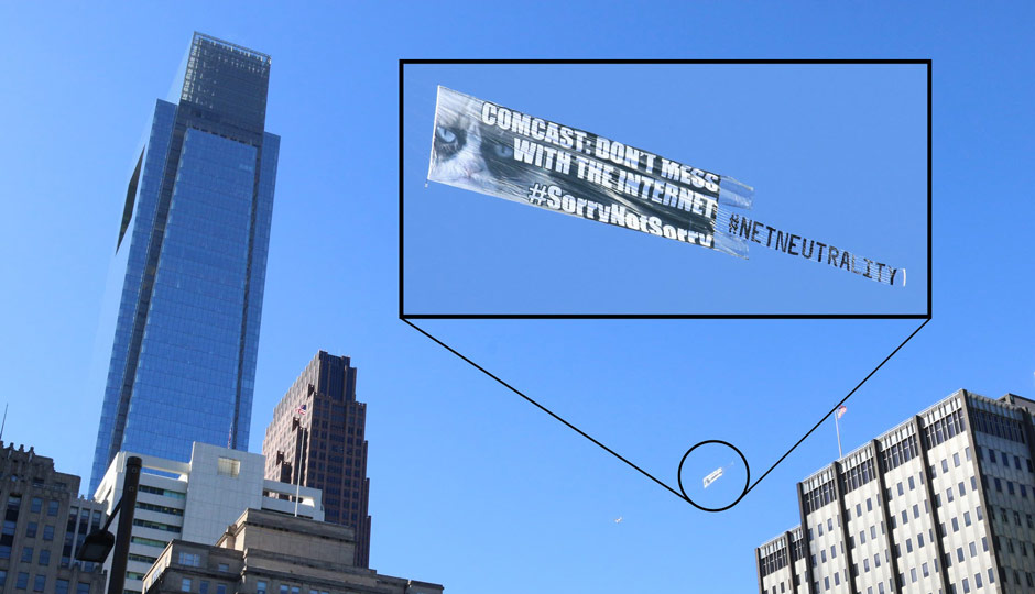 Grumpy Cat flying around the Comcast Center