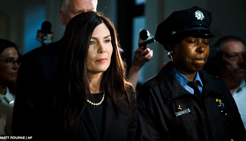 Attorney General Kathleen Kane walks from the State Supreme Court room, Wednesday, March 11, 2015, at City Hall in Philadelphia. 