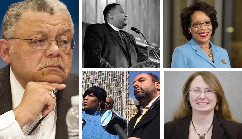 Clockwise from left: Police Commissioner Charles Ramsey; Bishop Dwayne Royster of POWER; JoAnne Epps, dean of Temple Law; Mary Catherine Roper of ACLU; and Tanya Brown-Dickerson with attorney Brian Mildenberg. 