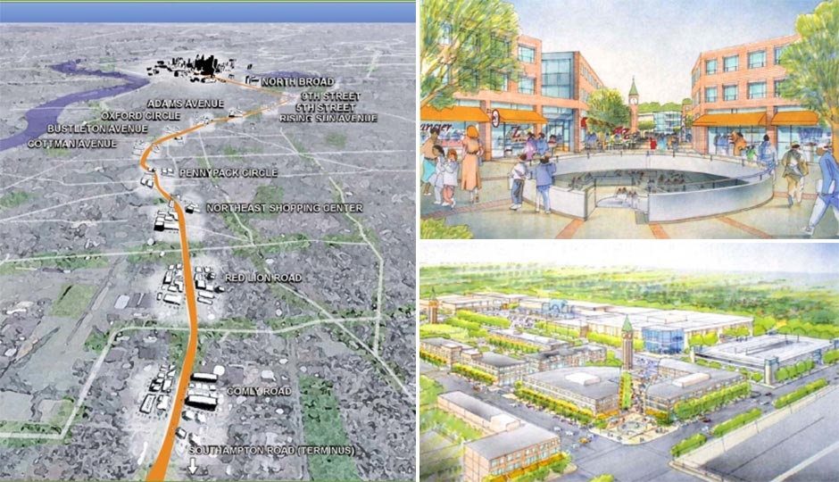 Renderings of (clockwise from left) the Roosevelt Boulevard Subway Extension viewed from the Northeast and two views of a proposed Northeast town center at Cottman Avenue Station, all circa the Philadelpha City Planning Commission's 2003 Roosevelt Boulevard Corridor Study.