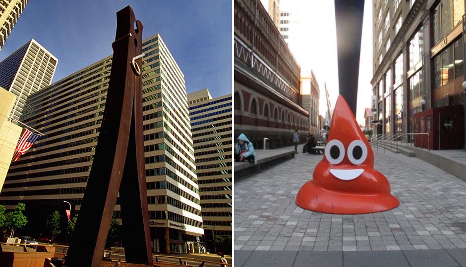 Clothespin, B. Krist for Visit Philadelphia | Doctored <em>Paint Torch</em> via <a href="https://www.phillymag.com/ticket/2015/04/01/photos-street-artist-turns-part-of-the-pafa-paint-torch-sculpture-into-a-poop-emoji/" target="_blank">Streets Dept.</a> 