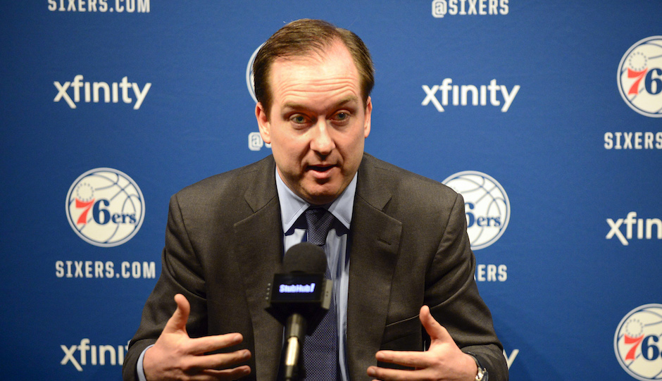Philadelphia 76ers general manager Sam Hinkie talks about the team's decision to draft Duke center Jahlil Okafor during an NBA basketball news conference, Friday, June 26, 2015, in Philadelphia. (Ben Mikesell/The Philadelphia Inquirer via AP)