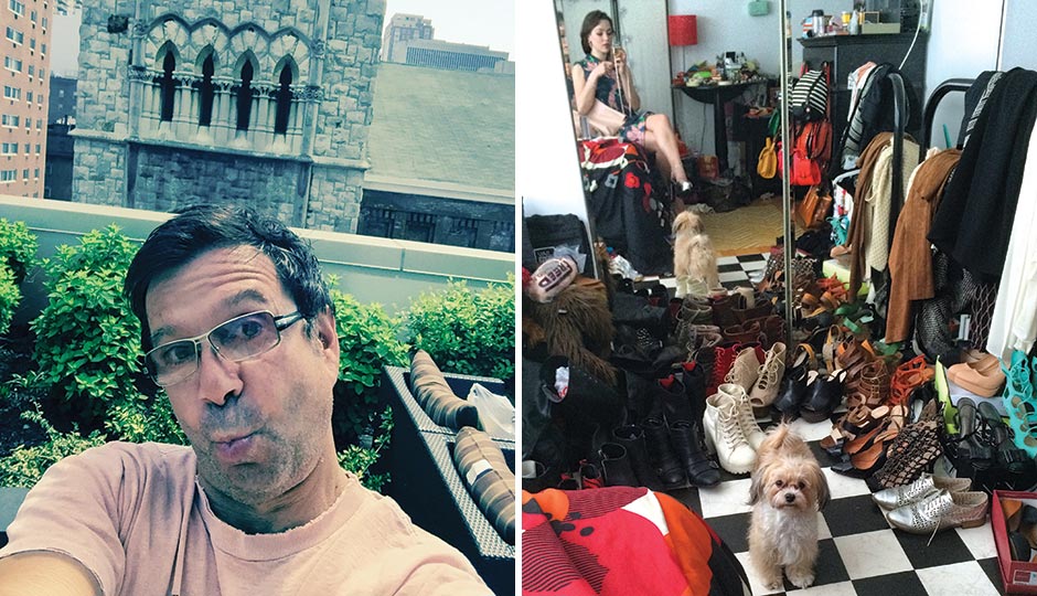 Left: John Bolaris in his Center City apartment overlooking the Lutheran Church of the Holy Communion, May 1, 2015. “God is on my side.” Right: Pennsylvania Ballet dancer Kelsey Ivana Hellebuyck with her Havanese pup at home, choosing shoes to wear for a night out, March 24, 2015. “#photoBOMBbyCOCO”