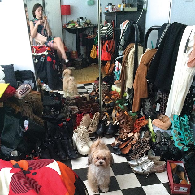 Pennsylvania Ballet dancer Kelsey Ivana Hellebuyck with her Havanese pup at home, choosing shoes to wear for a night out, March 24, 2015. “#photoBOMBbyCOCO”