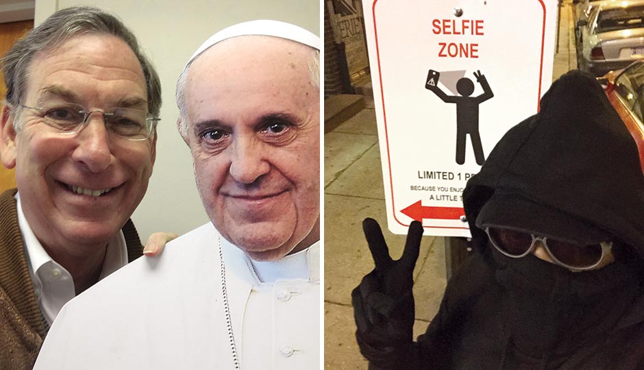 Left: Politician/documentarian Sam Katz with Pope Francis (okay, a cardboard cutout), April 24, 2015. Right: Street artist Kid Hazo with a sign he designed at 5th and Bainbridge streets, May 6, 2015.