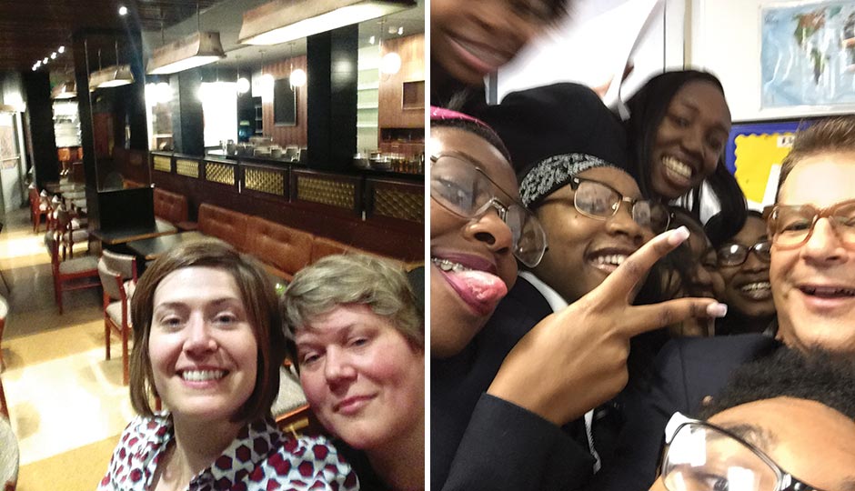 Left: Restaurateurs Valerie Safran and Marcie Turney at their new restaurant, Bud & Marilyn’s, May 4, 2015. Right: Mike Missanelli, 97.5 The Fanatic host, with students at the Multi-Cultural Academy Charter School, April 24, 2015.