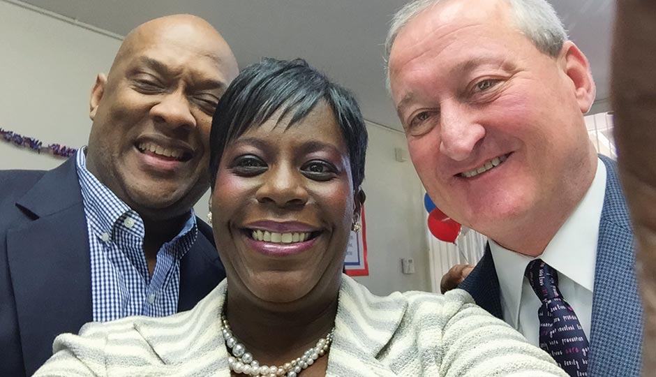 Democratic mayoral nominee Jim Kenney with state reps Dwight Evans and Cherelle Parker, May 2, 2015.
