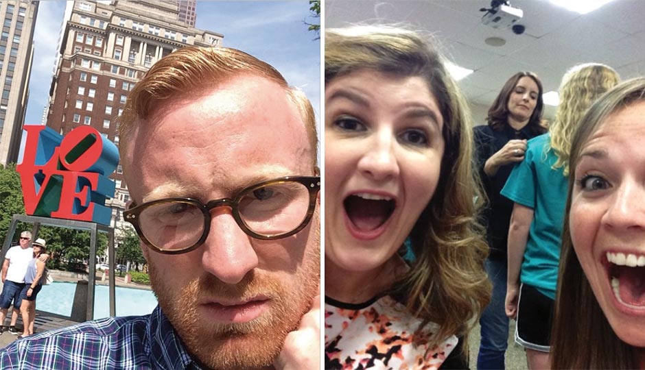 Left: Reader Selfie: Ryan Birchmeier “alone at LOVE Park again,” May 8, 2015. Right: Reader Selfie: Lauren Sammartino and Robyn Cartlidge with Tina Fey (sort of) as she autographs a fan t-shirt at the Upper Darby Performing Arts Center, August 16, 2014.