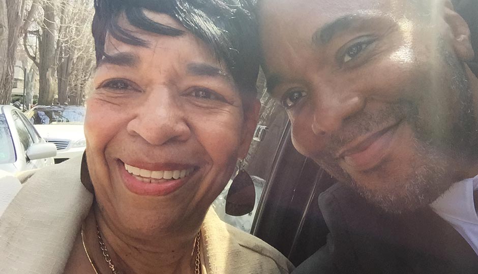 Lee Daniels with his cousin Maryanne Phillips outside the African Episcopal Church of St. Thomas on Lancaster Avenue, Easter Sunday 2015.