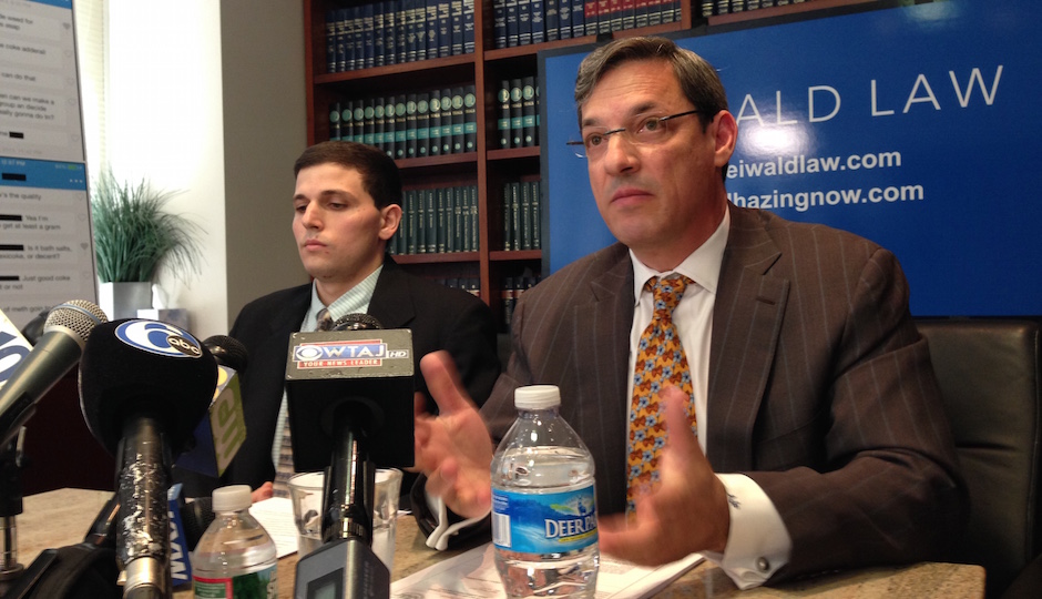 Former Kappa Delta Rho member James Vivenzio and his lawyer Aaron Freiwald.