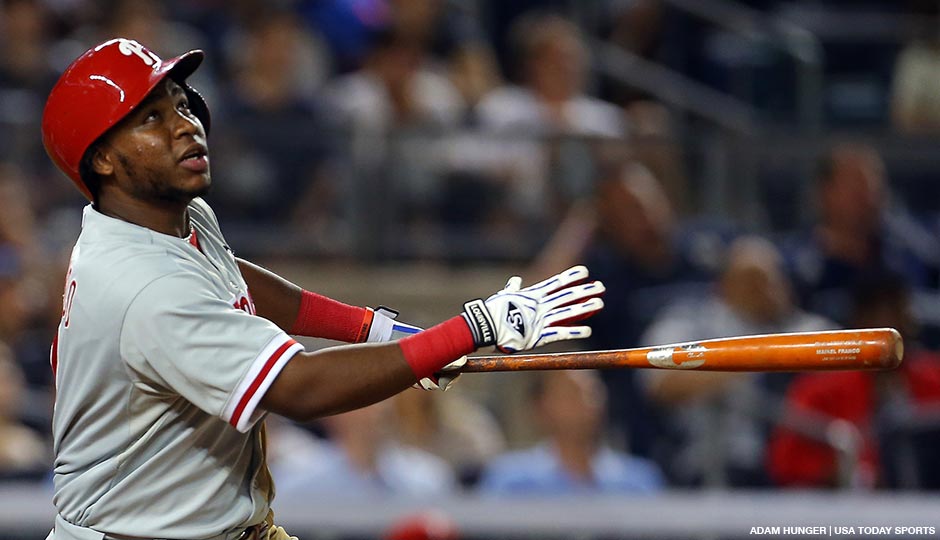 Philadelphia Phillies third baseman Maikel Franco watches his three-run home run against the New York Yankees during the fourth inning of an inter-league baseball game at Yankee Stadium on June 23, 2015.