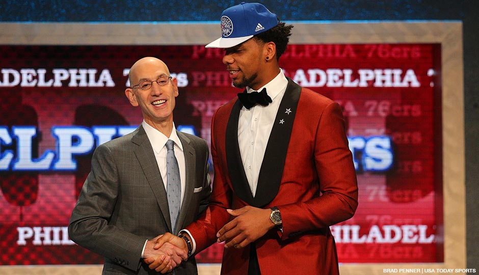 Jahlil Okafor (Duke) greets NBA commissioner Adam Silver after being selected as the number three overall pick in the first round of the 2015 NBA Draft at Barclays Center.