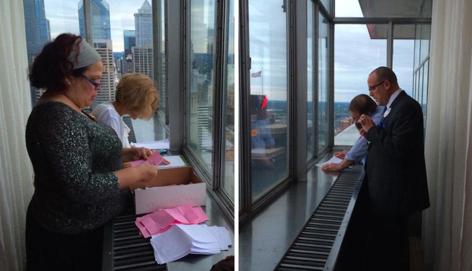 Newspaper Guild leaders Regina Medina and Diane Mastrull, left, count paper ballots for strike authorization, while Bill Ross and Howard Gensler, right, tally up e-mailed votes. The action took place  Wednesday night on the 33rd floor of the Loews Hotel. (Picture: Joel Mathis)