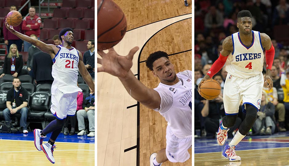 Joel Embiid (left) and Nerlens Noel (right) | Bill Streicher, USA Today Sports. Jahlil Okafor (center), Chris Steppig, NCAA Pool, USA Today Sports
