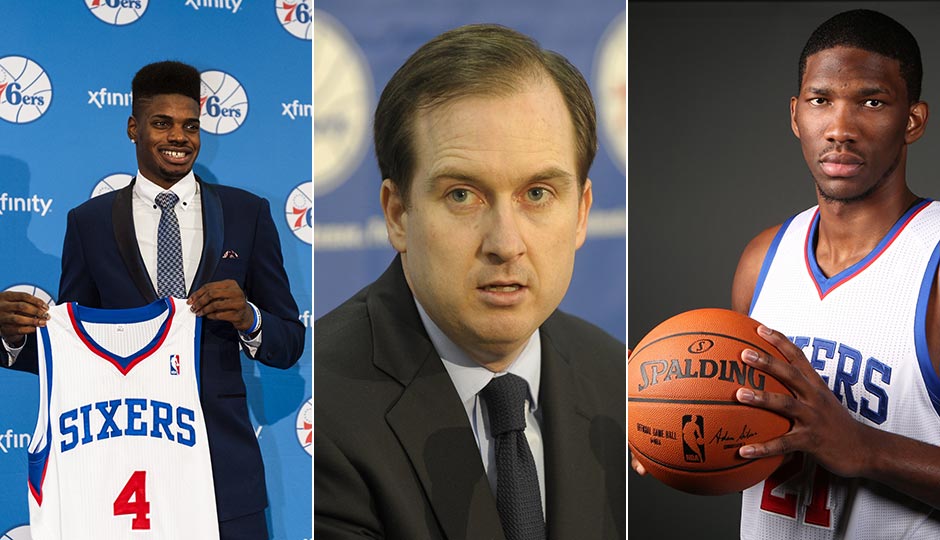 Nerlens Noel (Howard Smith), Sam Hinkie (Eric Hartline) and Joel Embiid (Bill Streicher) | USA Today Sports